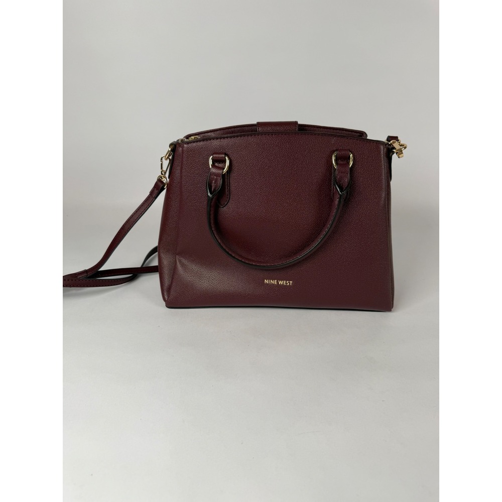 Nine West Burgundy Pebbled Faux Leather Satchel Crossbody Bag Gold‎ Hardware